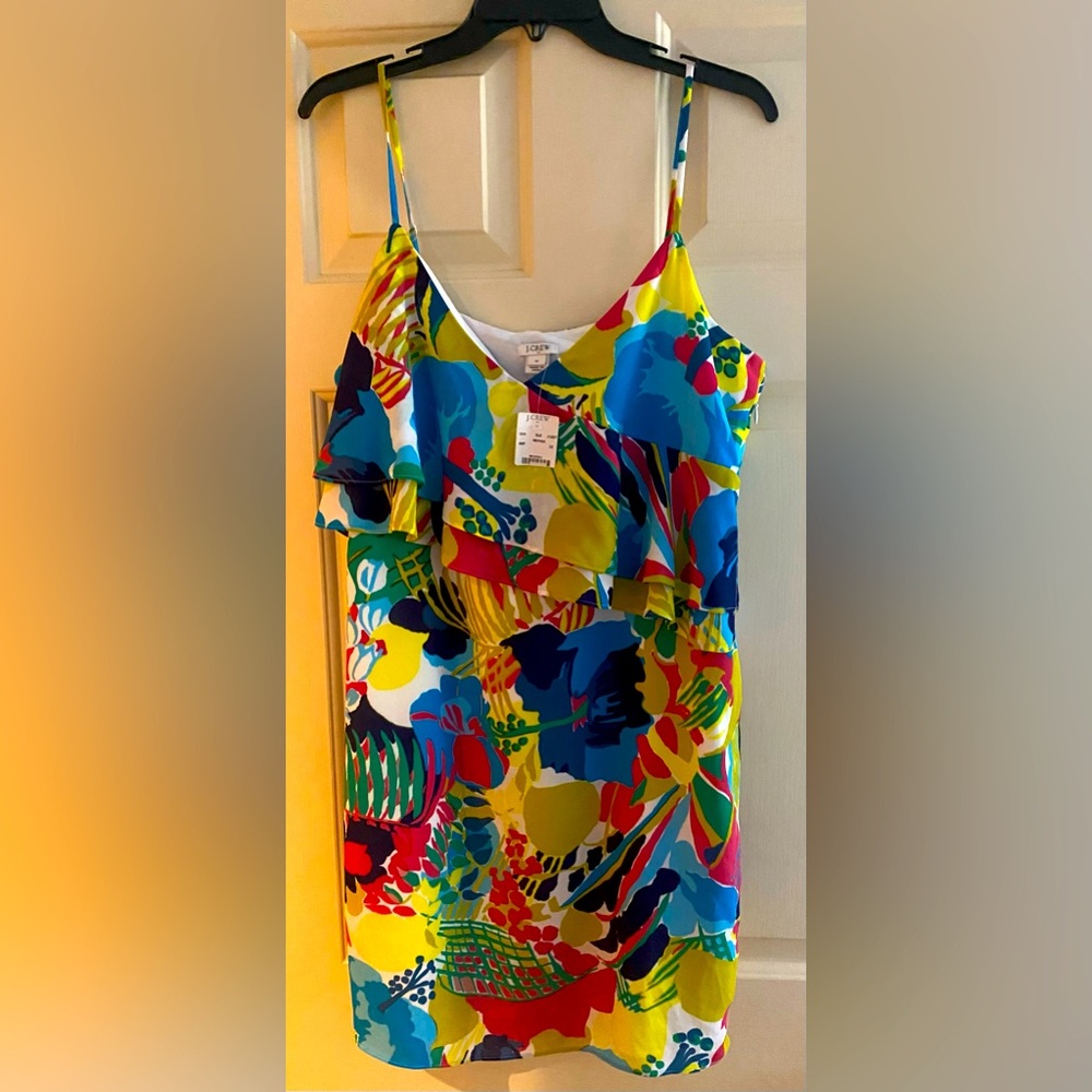 J. Crew Colorful Asymmetrical Ruffled Spaghetti Strap Dress NWT